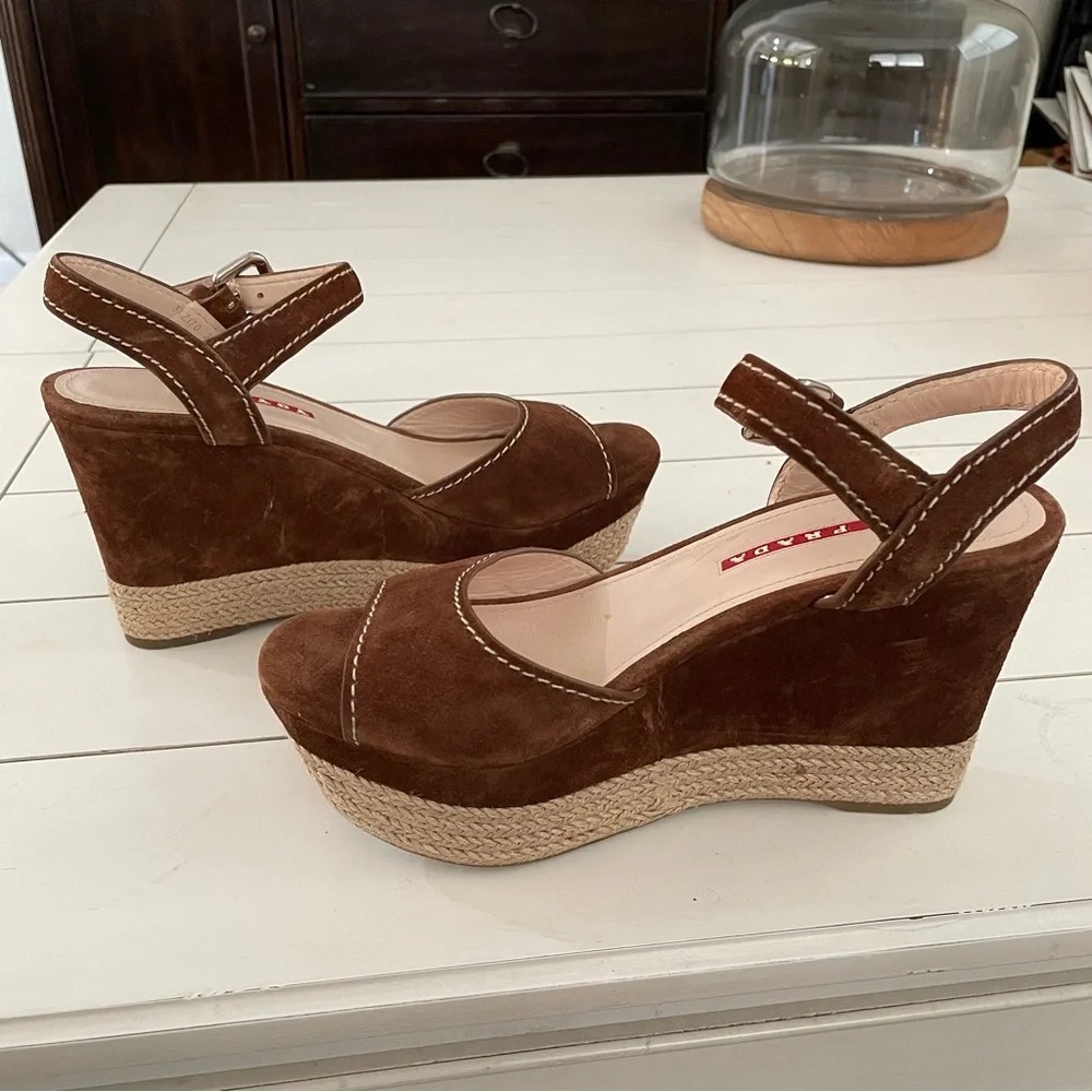 PRADA 3XZ170 Suede Platform Wedge Sandals Brown Espadrille Ankle Strap Size 36.5